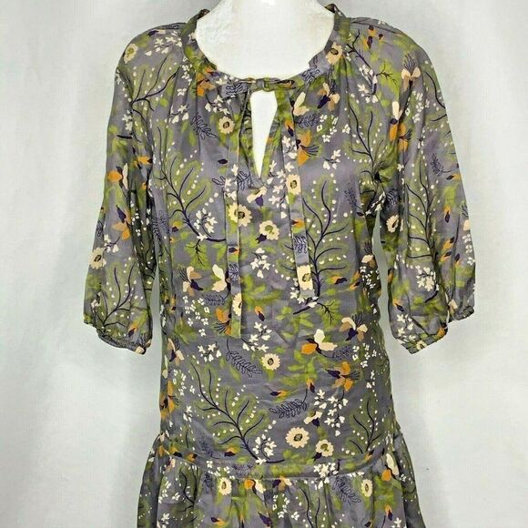 GAP Dresses & Skirts - Gap Floral Shift Dress S Grey 3/4 Sleeves Tie Keyhole Neck Lined Tiered Ruffle